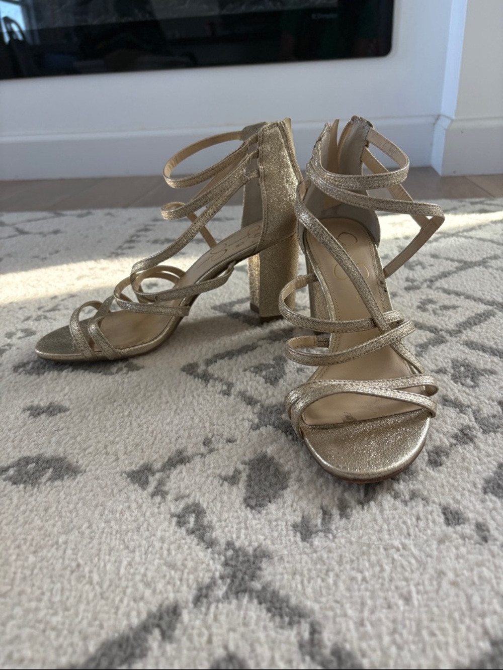 Jessica Simpson Glitter Gold Strappy Block Heel Sandals